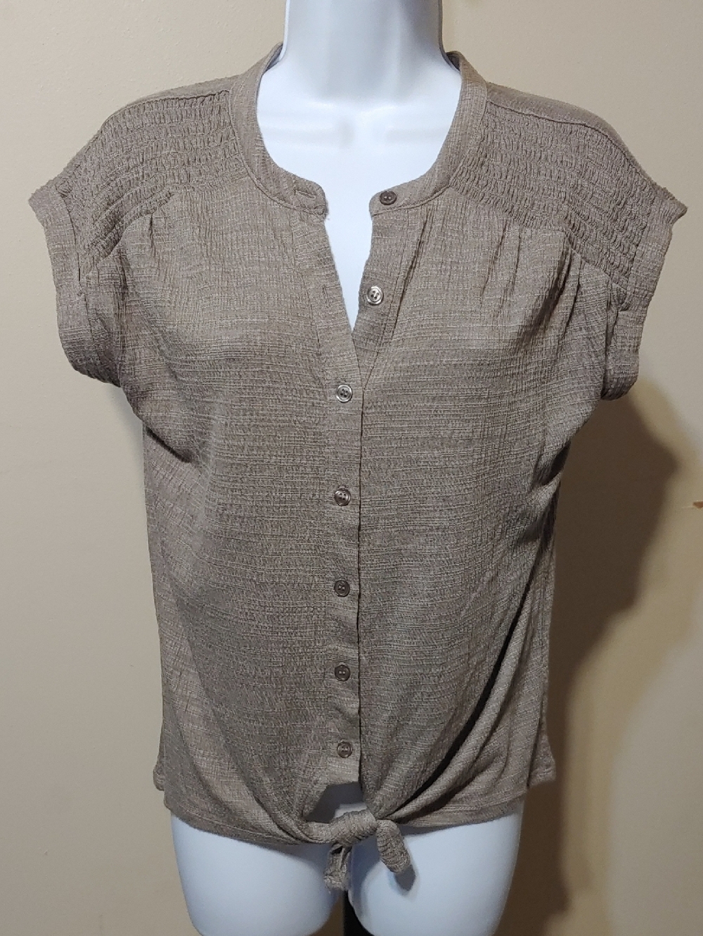 Cable & Gauge Taupe Button-Front Tie Hem Blouse